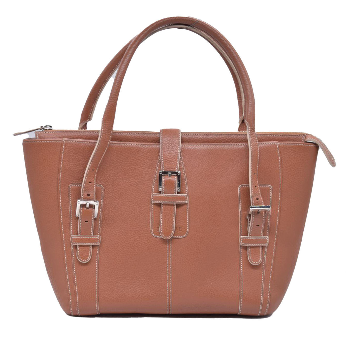 $1250 LOEWE Pebbled Grain Calfskin Buckle Strap Tote Bag Tan CONSIGNMENT 10021195