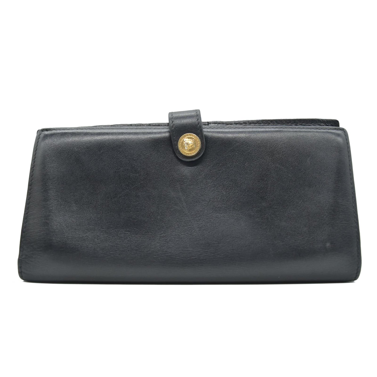$695 VERSACE Medusa Wallet Black Leather Unisex Bifold Long Wallet with Gold Hardware CONSIGNMENT