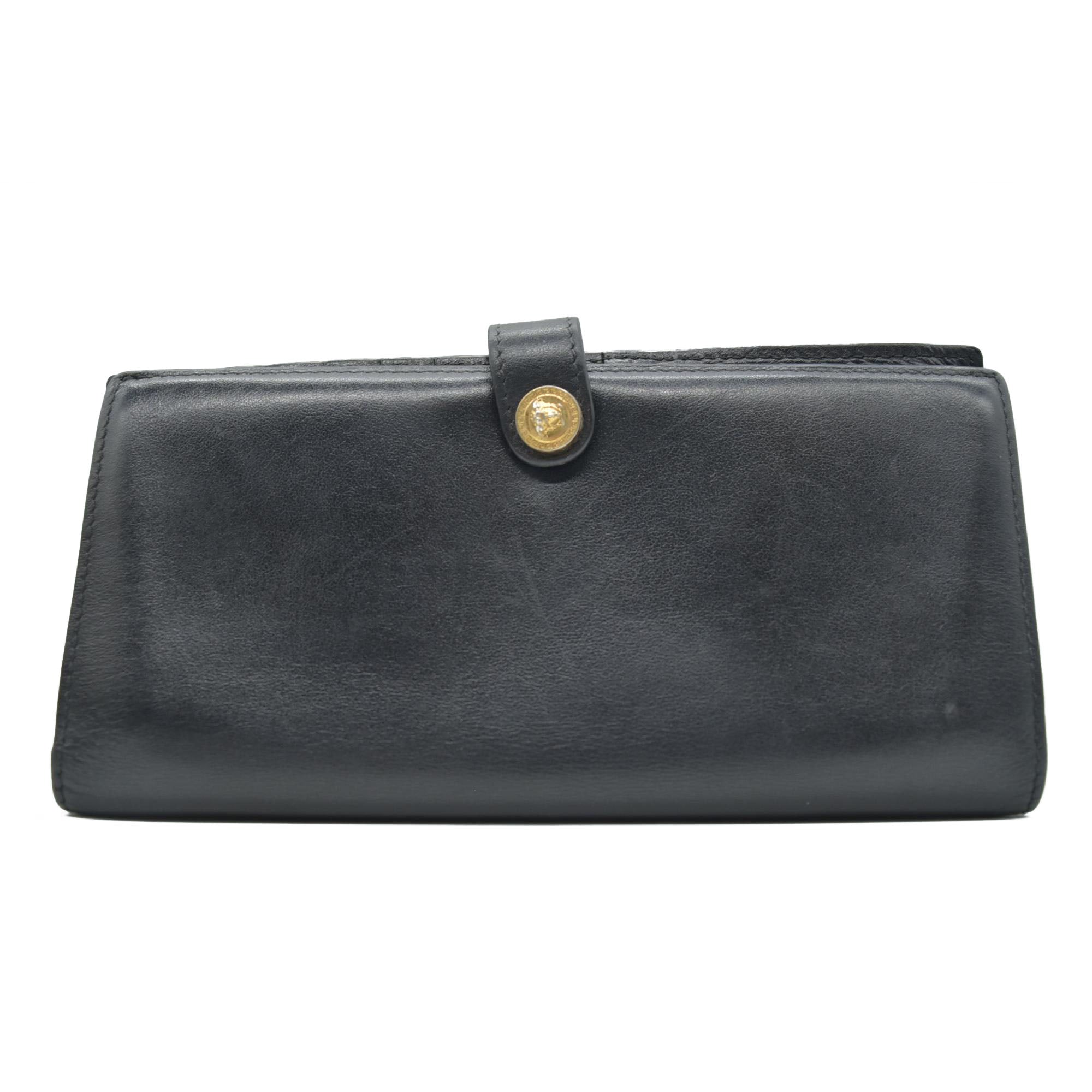 VERSACE Medusa Wallet Black Leather Unisex Bifold Long Wallet with Gold Hardware CONSIGNMENT