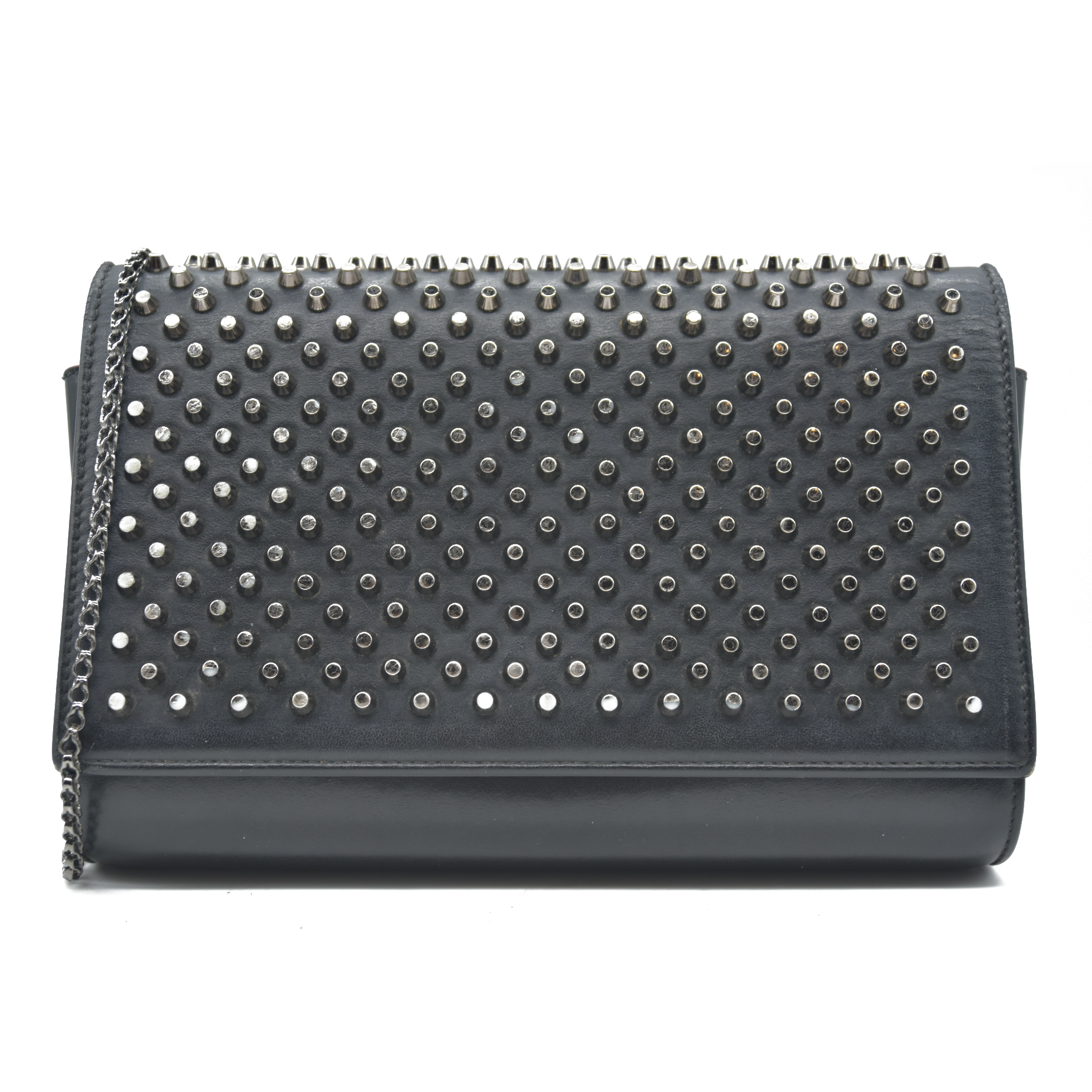 $1490 CHRISTIAN LOUBOUTIN Calfskin Patent Spikes Paloma Clutch Black