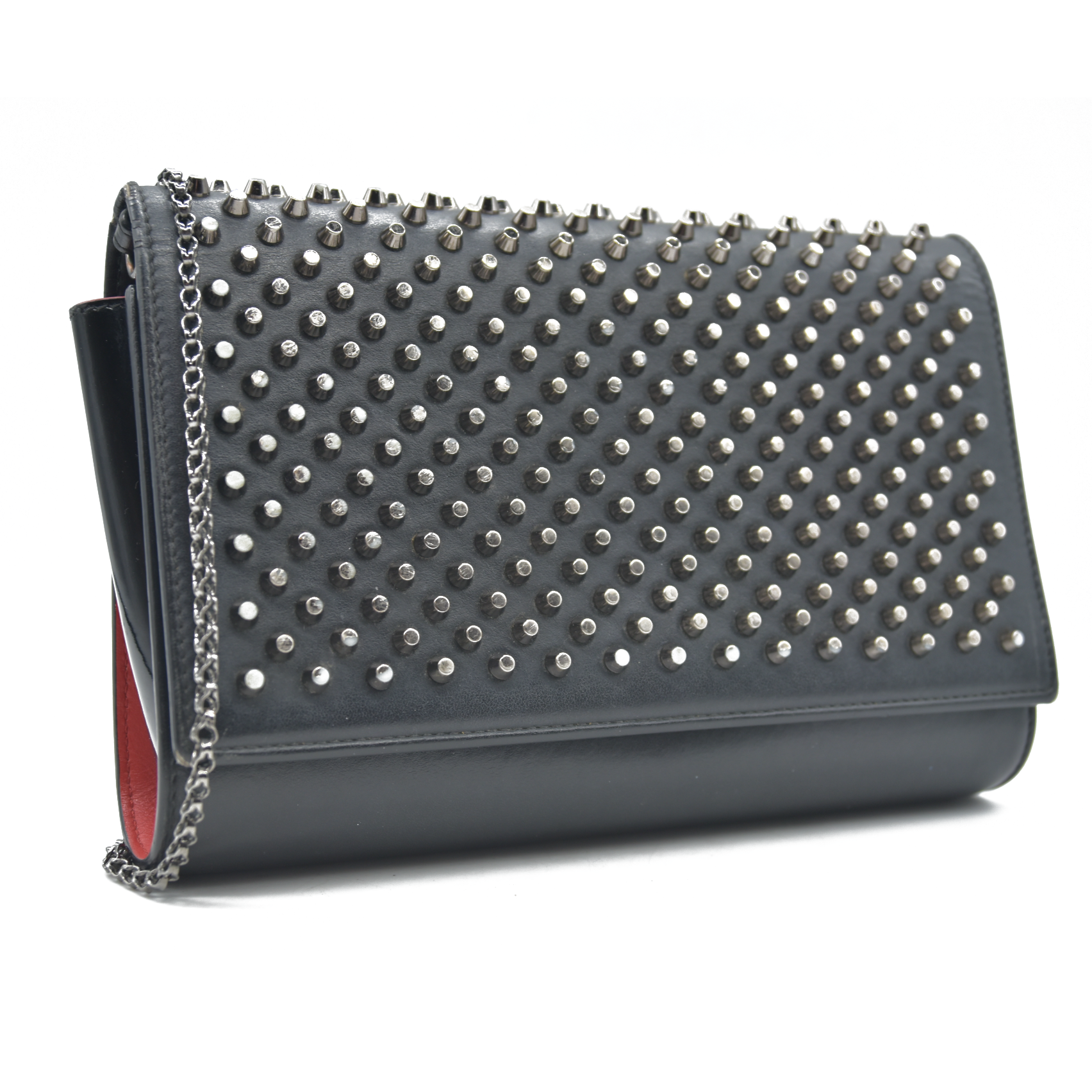 $1490 CHRISTIAN LOUBOUTIN Calfskin Patent Spikes Paloma Clutch Black