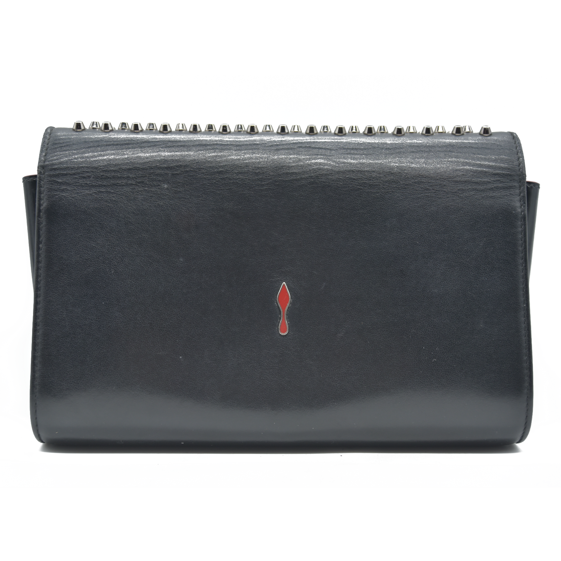 $1490 CHRISTIAN LOUBOUTIN Calfskin Patent Spikes Paloma Clutch Black