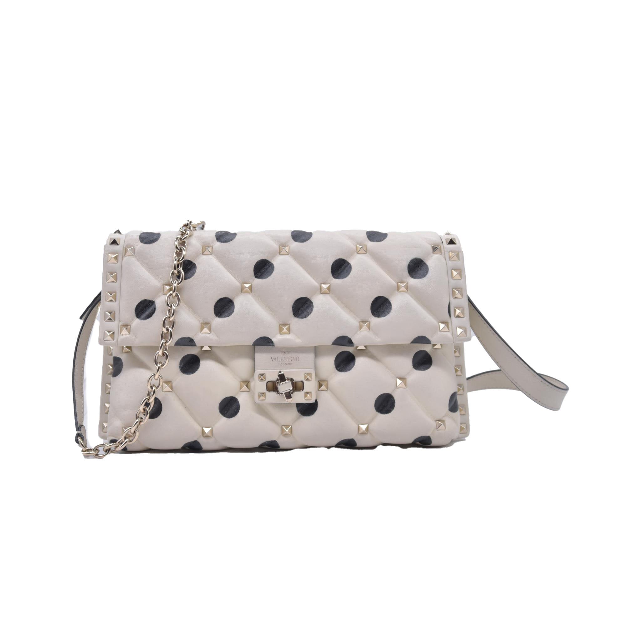 $2675 VALENTINO Lambskin Polka Dot Rockstud Candystud Shoulder Bag Light Ivory CONSIGNMENT 10021273