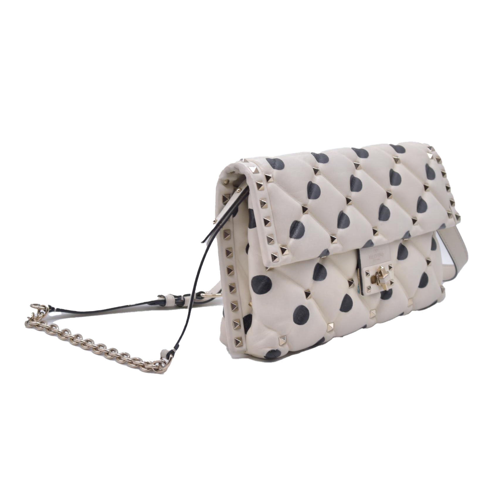 $2675 VALENTINO Lambskin Polka Dot Rockstud Candystud Shoulder Bag Light Ivory CONSIGNMENT 10021273