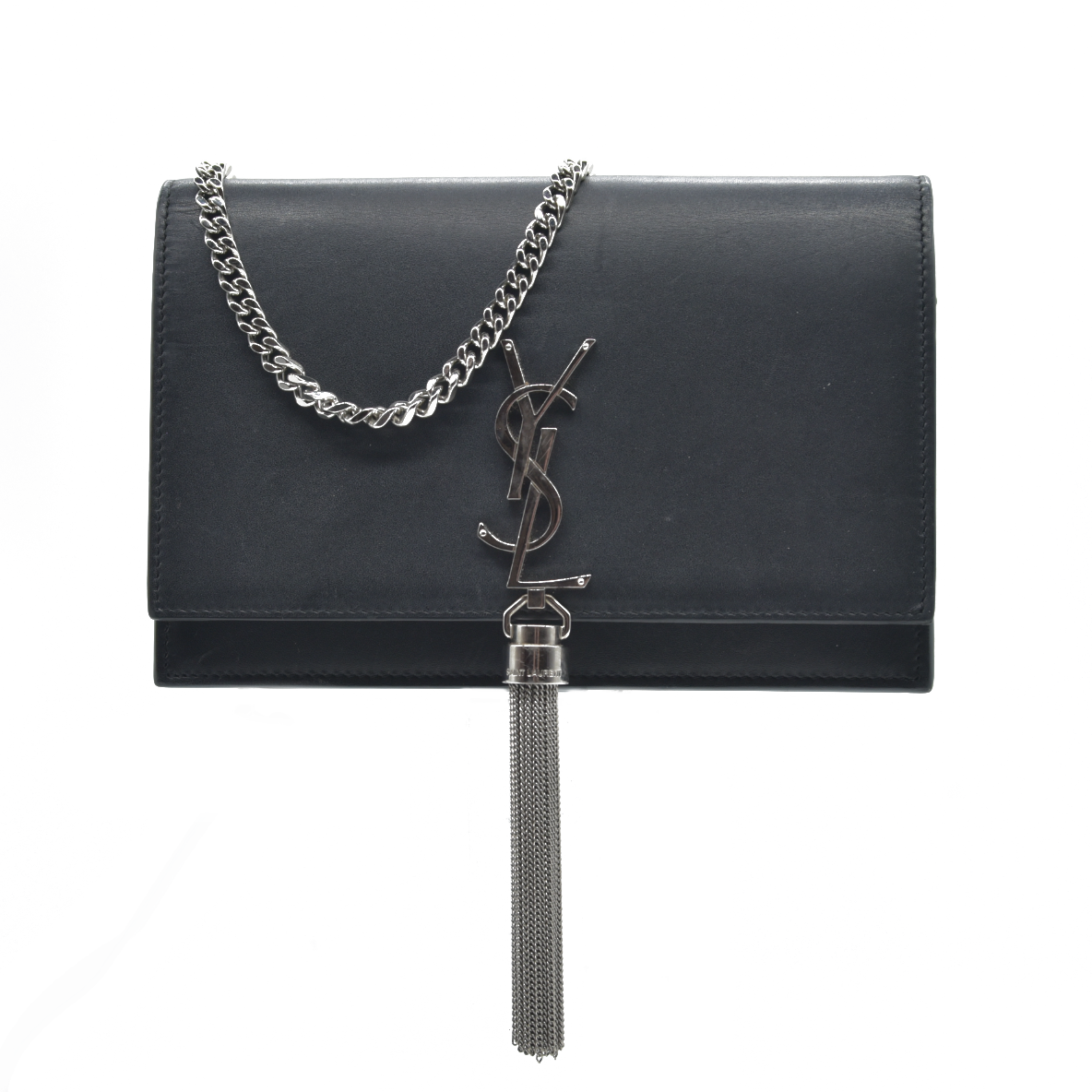 $2100 Saint Laurent Smooth Calfskin Classic Monogram Kate Tassel Chain Wallet Black