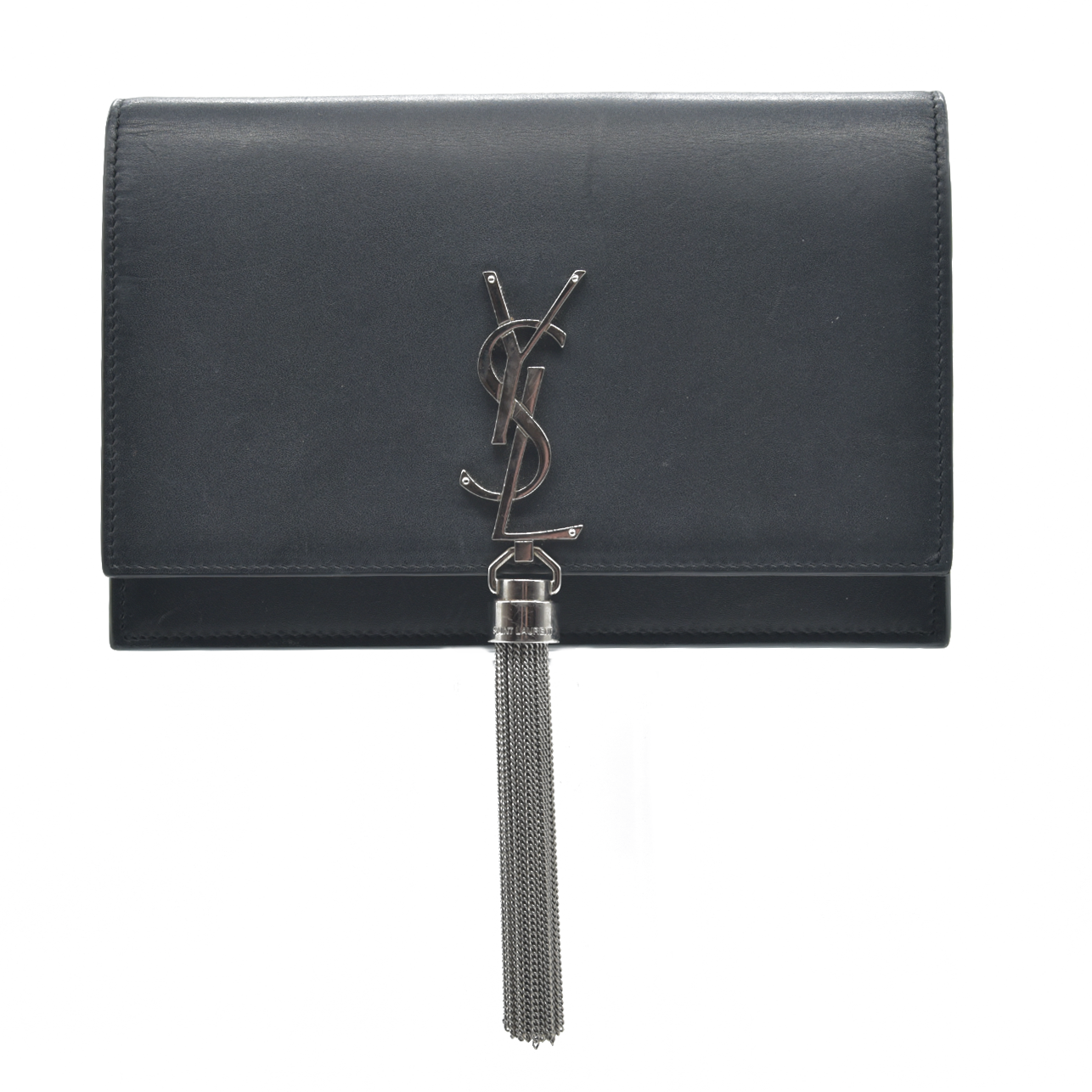 $2100 Saint Laurent Smooth Calfskin Classic Monogram Kate Tassel Chain Wallet Black