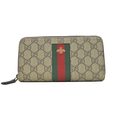 Gucci GG Supreme Monogram Web Bee Zip Around Wallet Beige Cocoa CONSIGNMENT