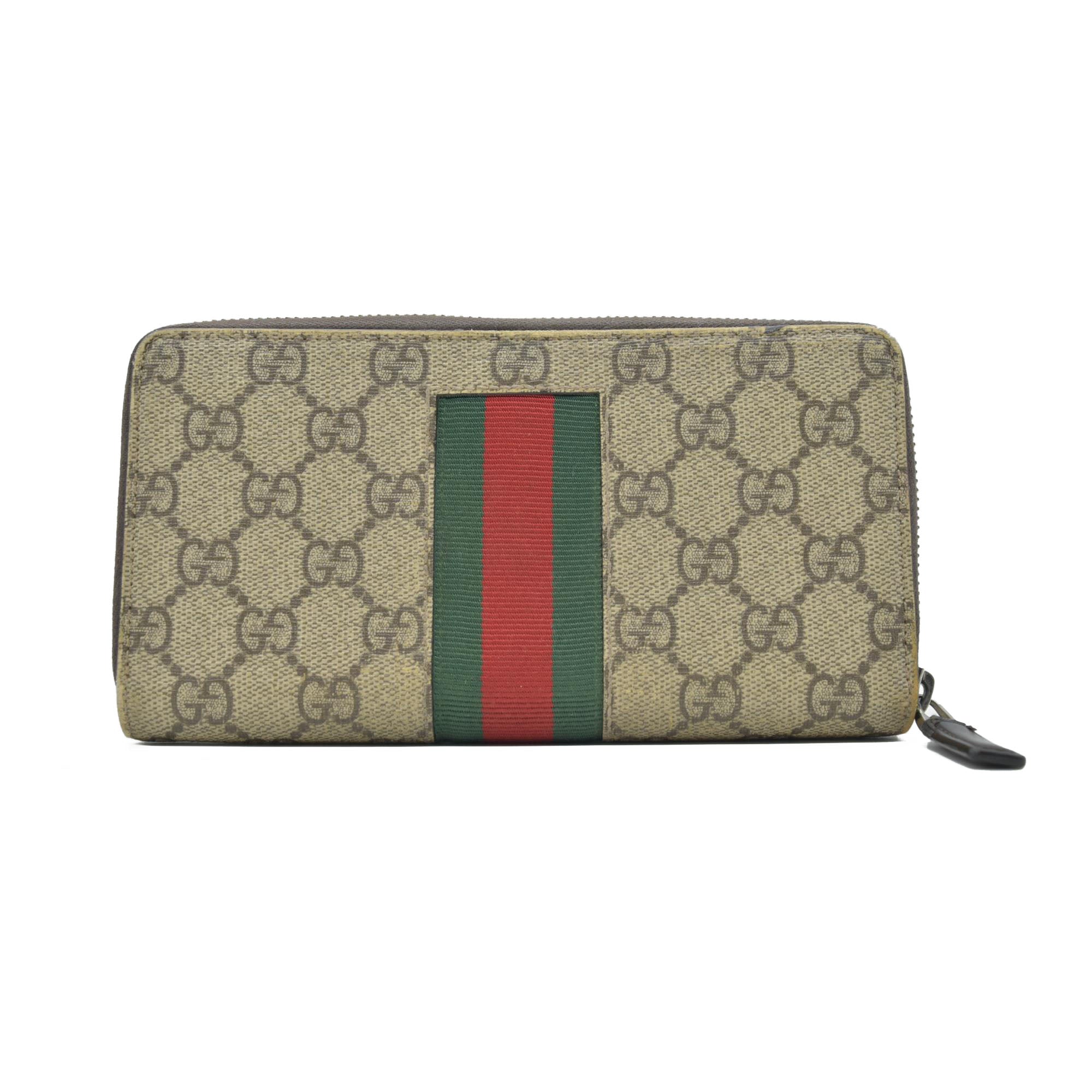 Gucci GG Supreme Monogram Web Bee Zip Around Wallet Beige Cocoa CONSIGNMENT