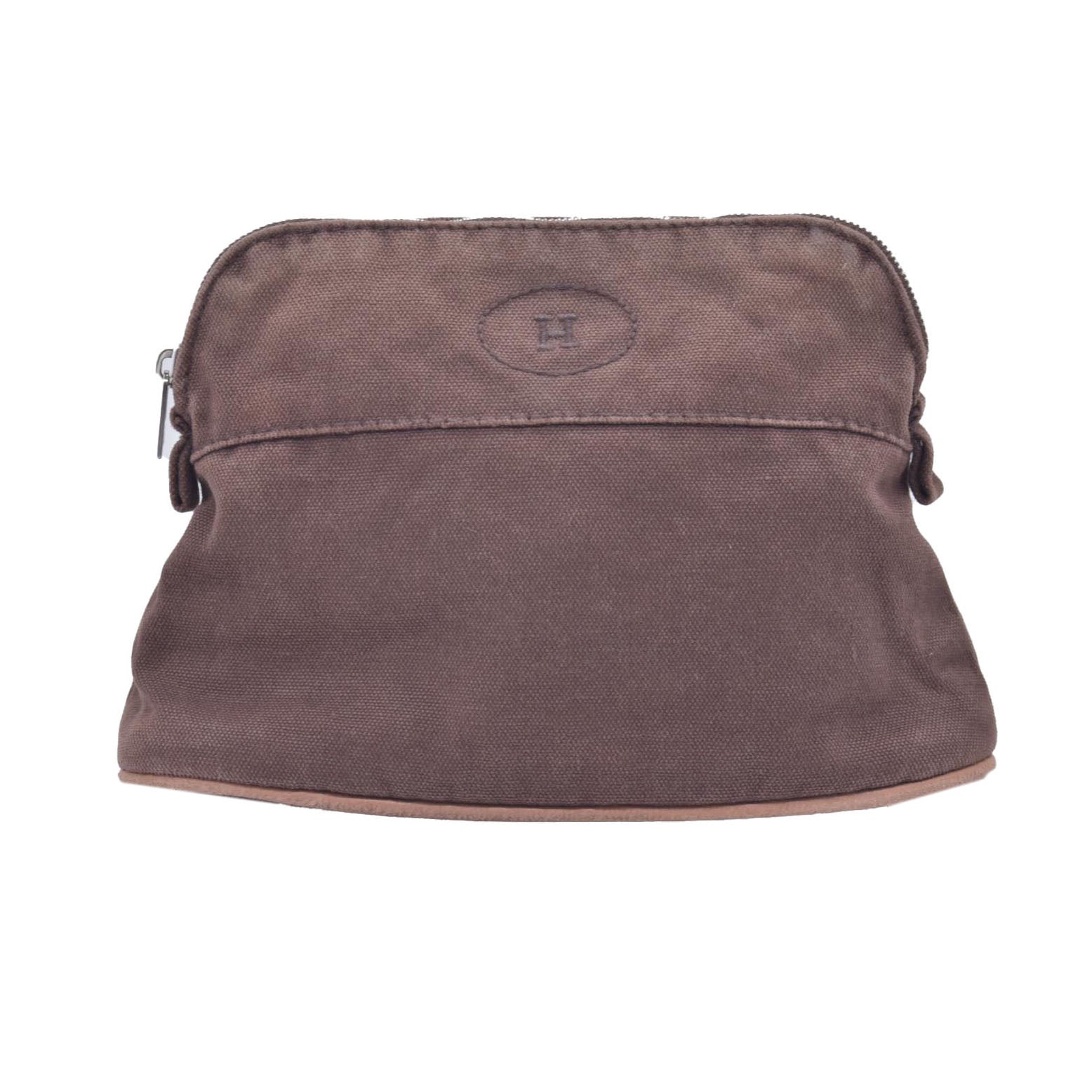 $520 HERMES Cotton Canvas Bolide MM Cosmetic Pouch Brown CONSIGNMENT 10021211
