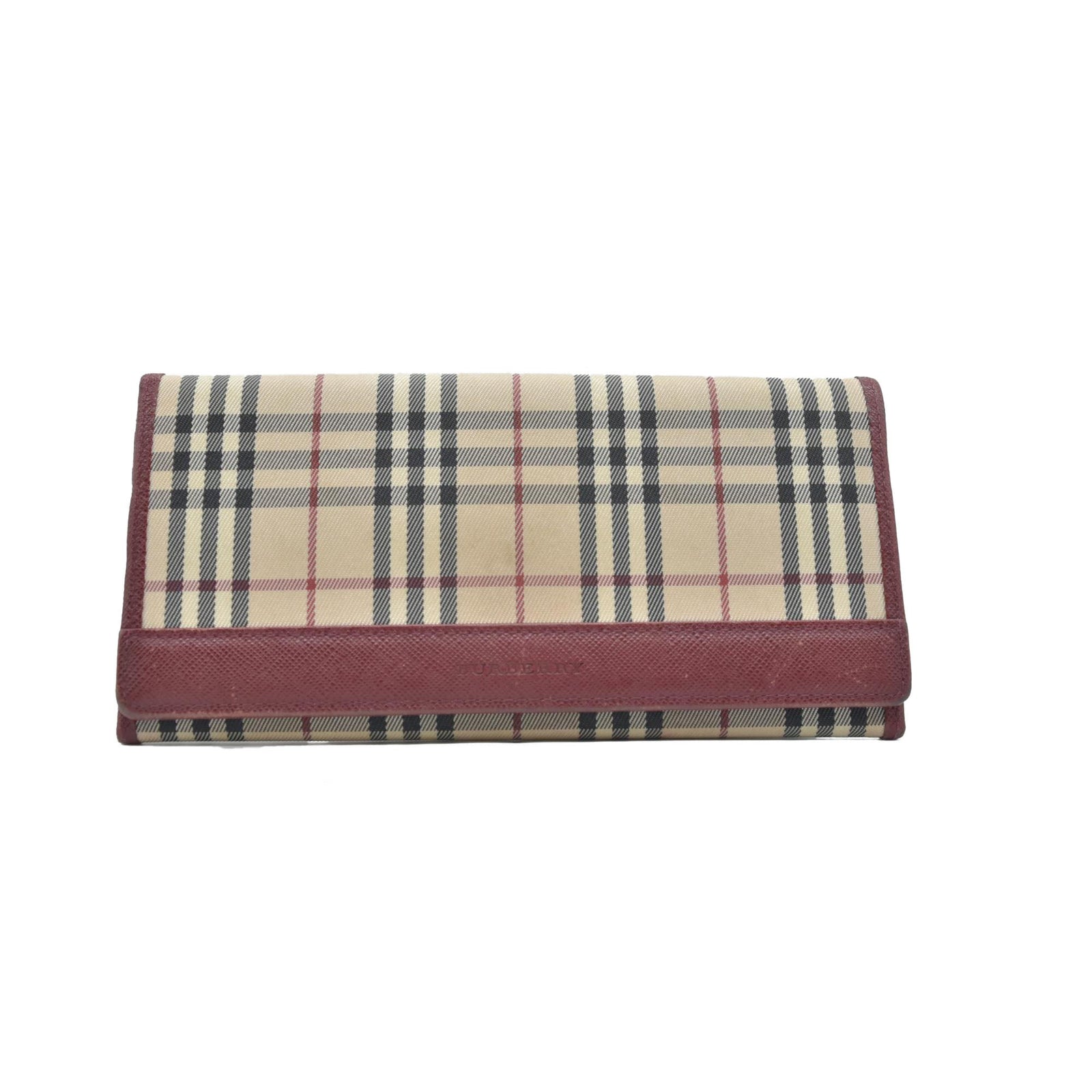 $720 Burberry Beige & Burgundy Canvas Leather Nova Check Long Wallet CONSIGNMENT