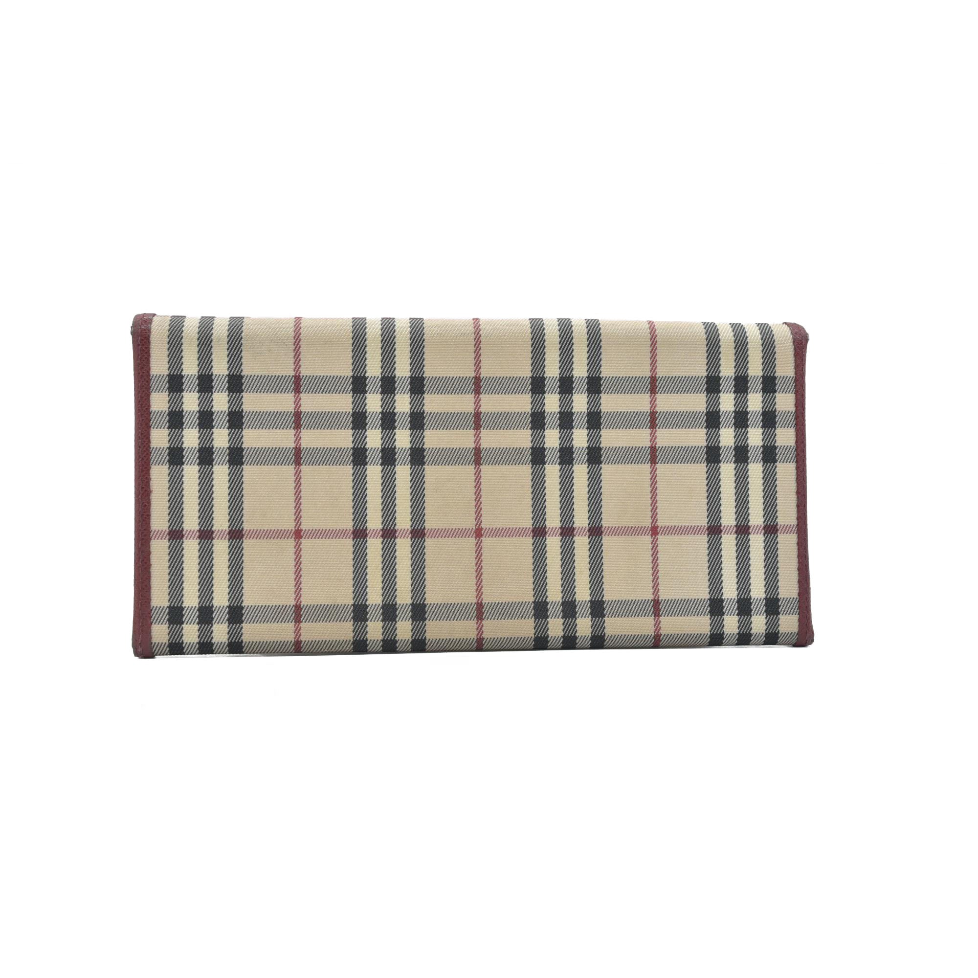 Burberry Beige & Burgundy Canvas Leather Nova Check Long Wallet CONSIGNMENT