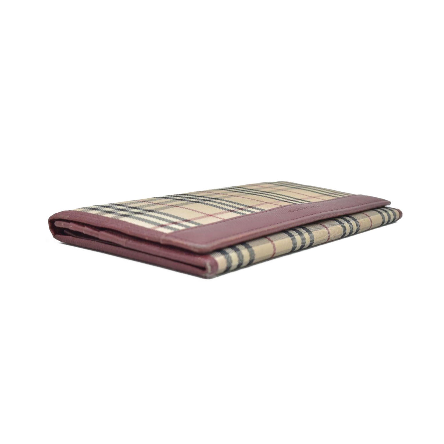 Burberry Beige & Burgundy Canvas Leather Nova Check Long Wallet CONSIGNMENT