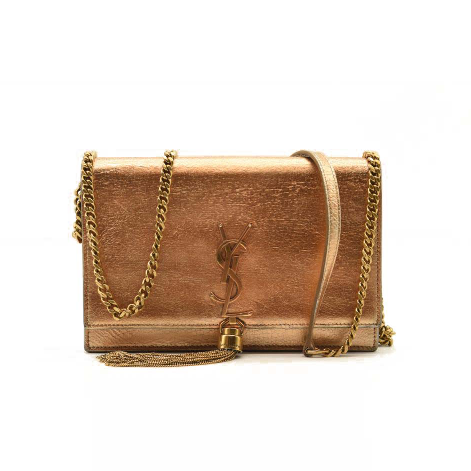 Saint Laurent Metallic Crackled Calfskin Kate Monogram Tassel Chain Wallet Gold