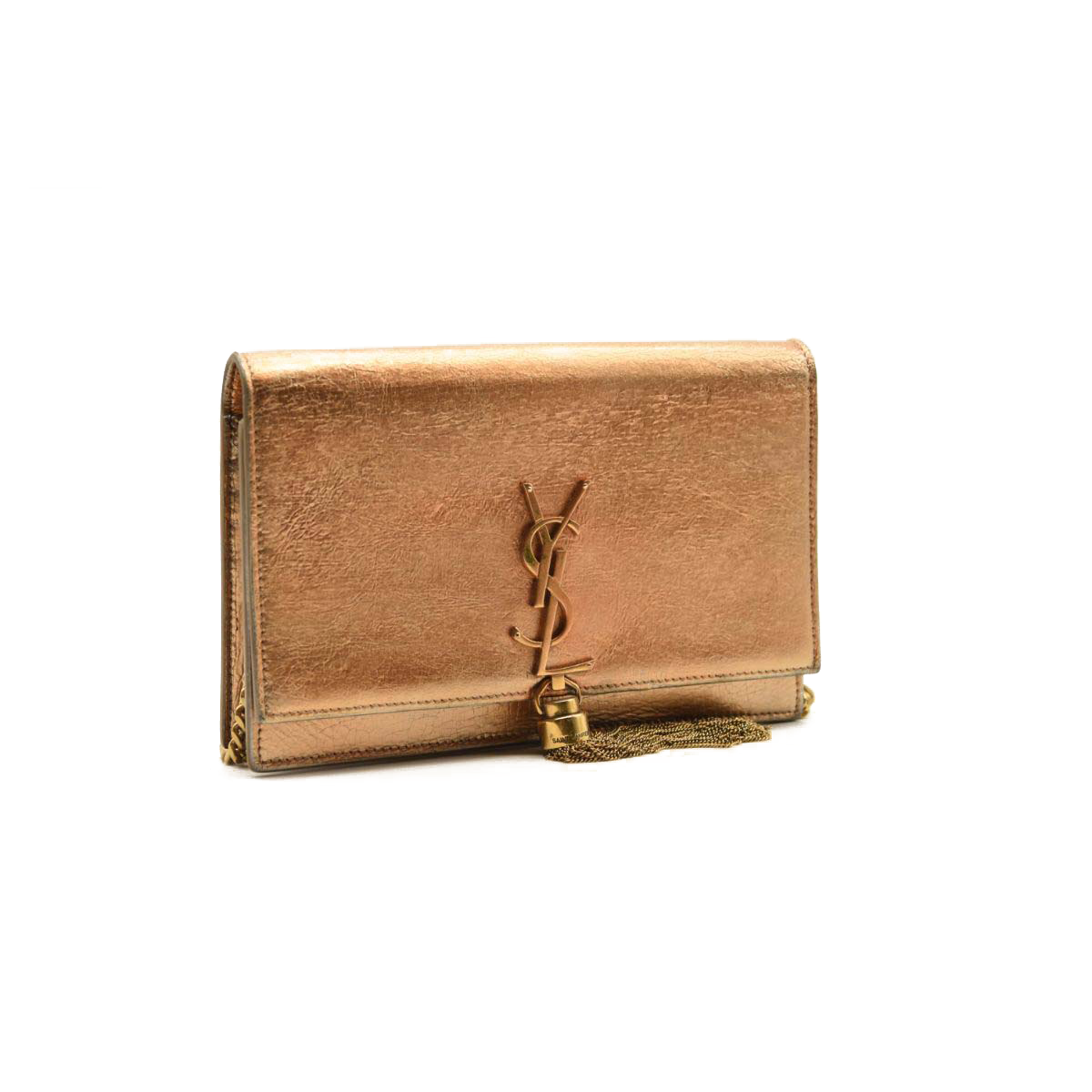 Saint Laurent Metallic Crackled Calfskin Kate Monogram Tassel Chain Wallet Gold