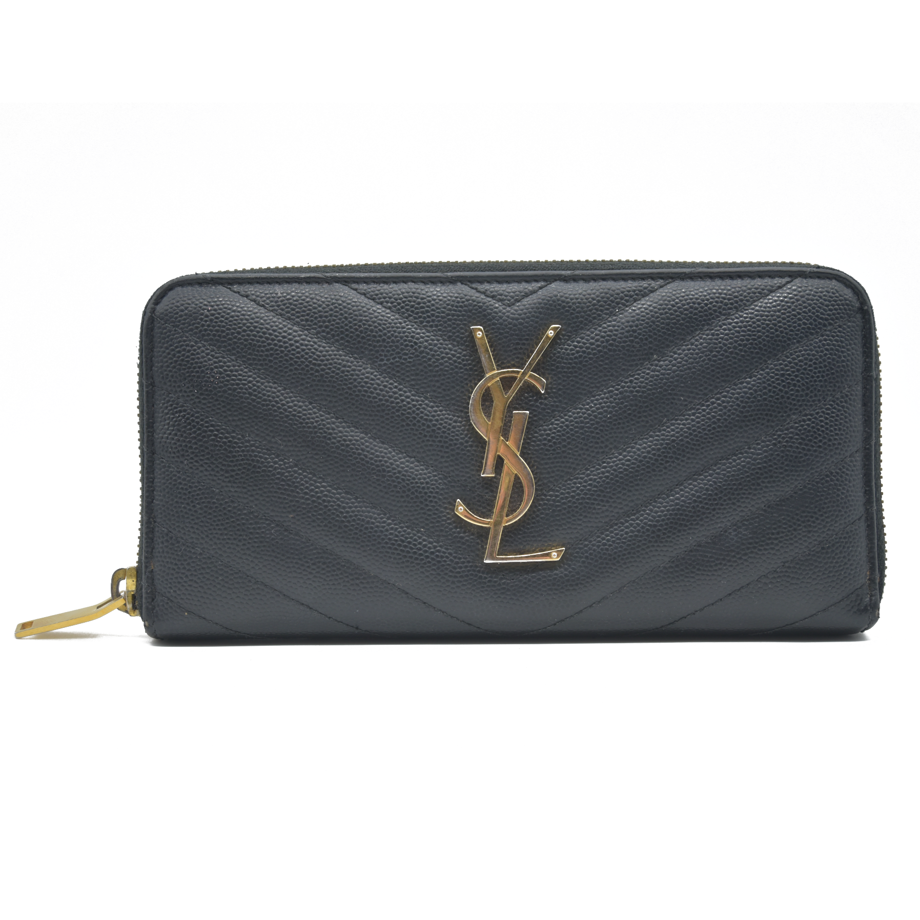 $950 Saint Laurent Grain De Poudre Matelasse Chevron Monogram Zip Around Wallet Black 2015