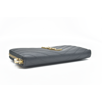 $950 Saint Laurent Grain De Poudre Matelasse Chevron Monogram Zip Around Wallet Black 2015