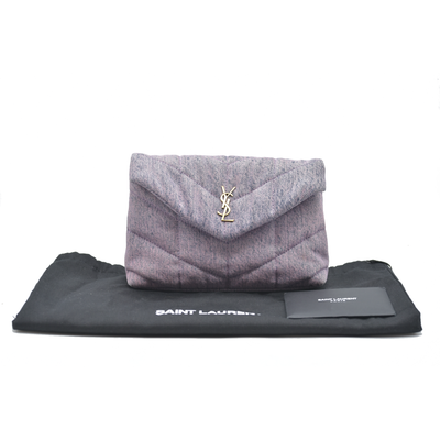 $1000 Saint Laurent Denim Quilted Loulou Puffer Monogram Pouch Clutch Bleached Lilac CONSIGNMENT