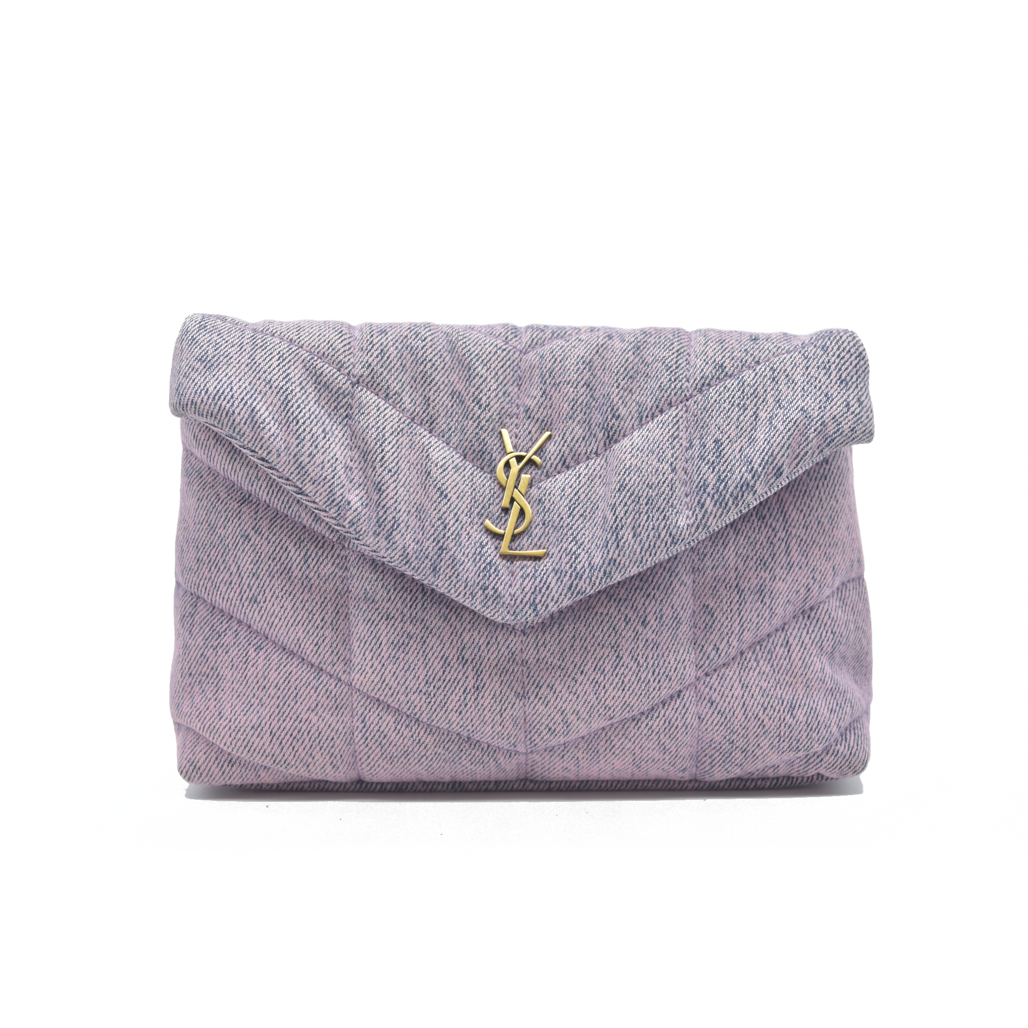 $1000 Saint Laurent Denim Quilted Loulou Puffer Monogram Pouch Clutch Bleached Lilac CONSIGNMENT