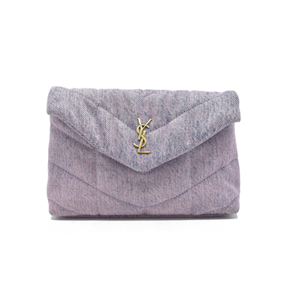 $1000 Saint Laurent Denim Quilted Loulou Puffer Monogram Pouch Clutch Bleached Lilac CONSIGNMENT