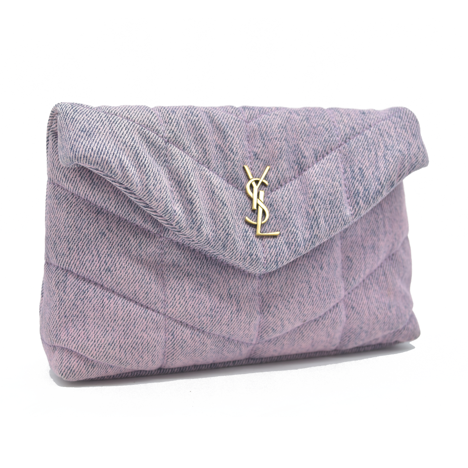 $1000 Saint Laurent Denim Quilted Loulou Puffer Monogram Pouch Clutch Bleached Lilac CONSIGNMENT