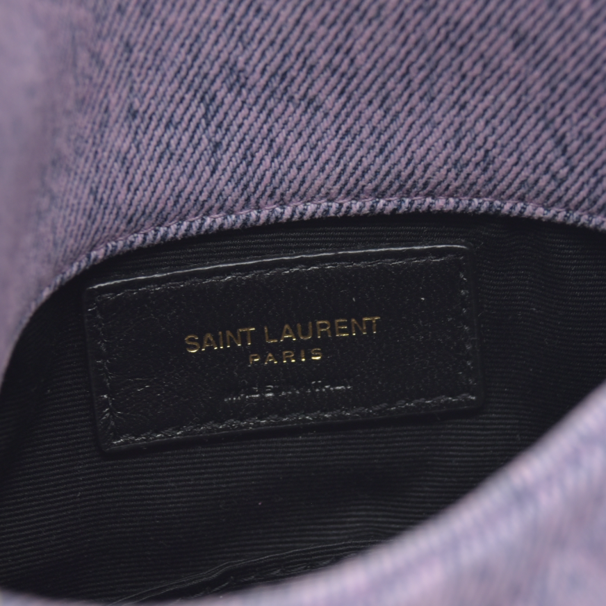 $1000 Saint Laurent Denim Quilted Loulou Puffer Monogram Pouch Clutch Bleached Lilac CONSIGNMENT