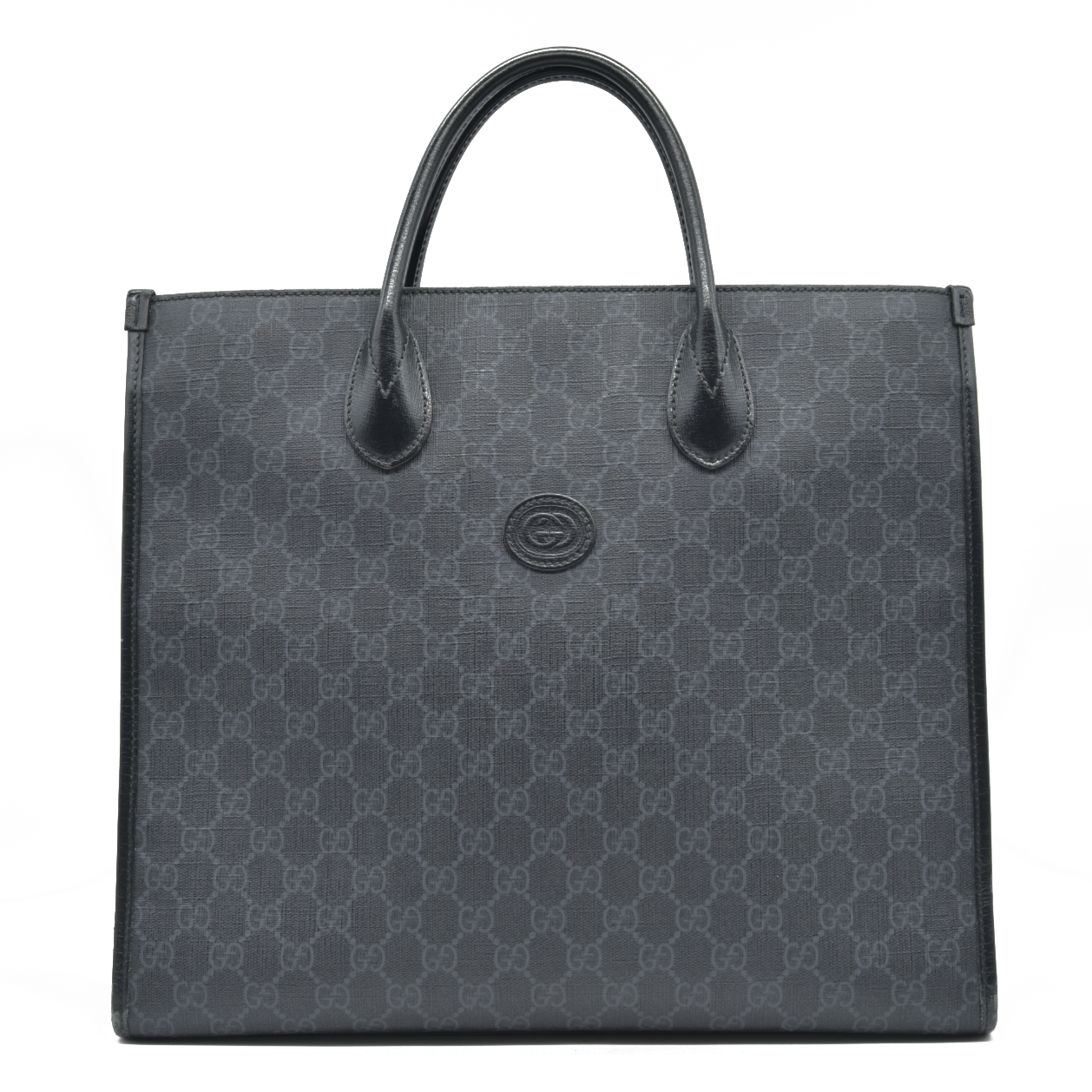 $2150 GUCCI GG Supreme Monogram Textured Dollar Calfskin Medium Retro Interlocking G Tote Bag in Black