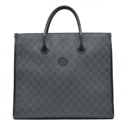 $2150 GUCCI GG Supreme Monogram Textured Dollar Calfskin Medium Retro Interlocking G Tote Bag in Black
