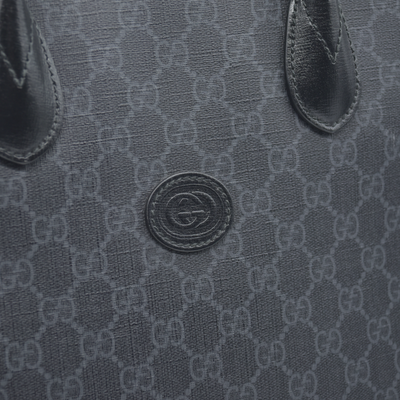 $2150 GUCCI GG Supreme Monogram Textured Dollar Calfskin Medium Retro Interlocking G Tote Bag in Black