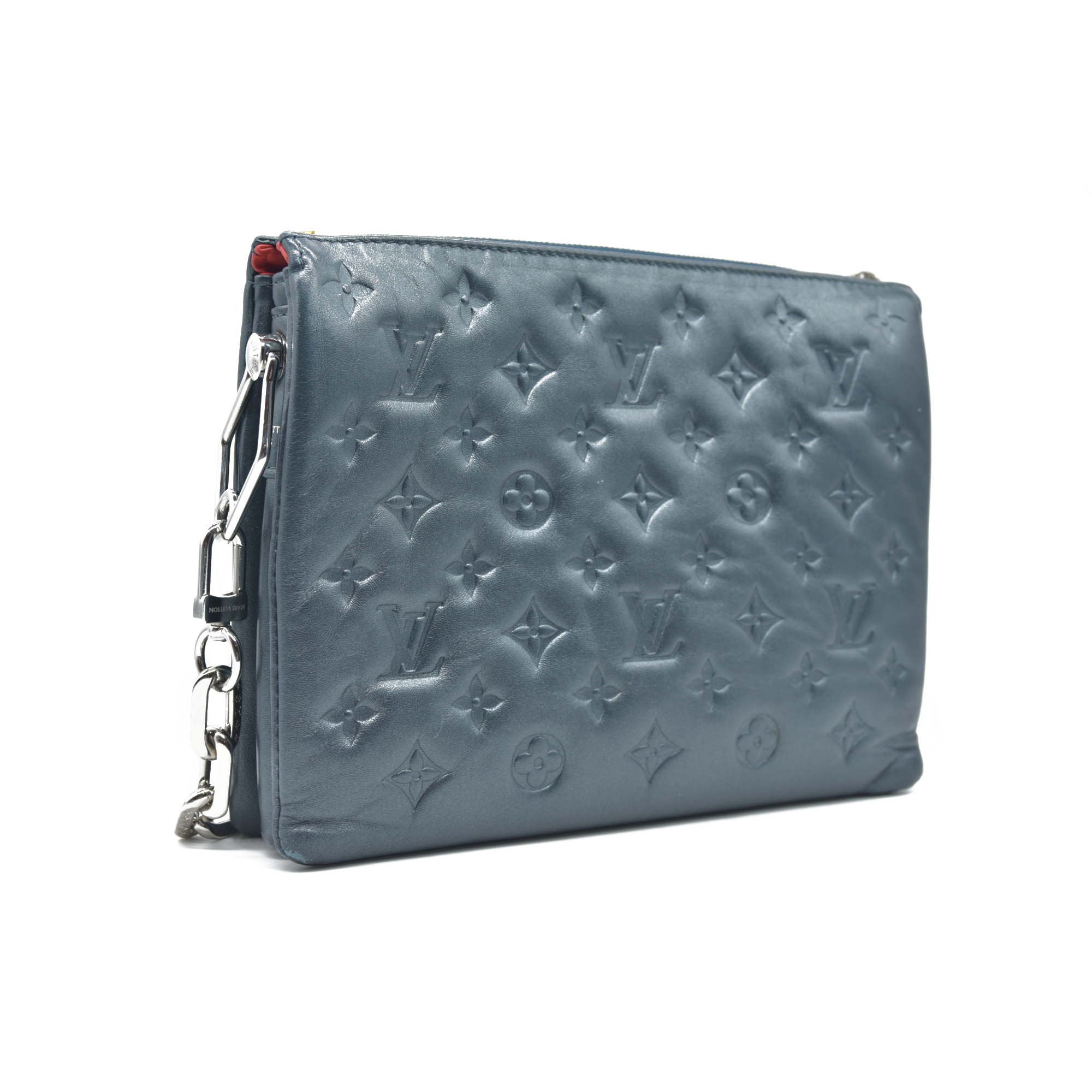 $4950 Louis Vuitton Metallic Lambskin Embossed Monogram Coussin PM Blue RFID
