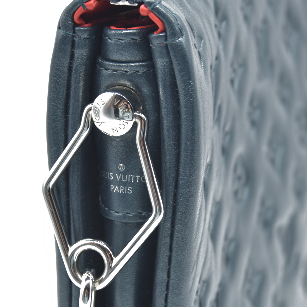 $4950 Louis Vuitton Metallic Lambskin Embossed Monogram Coussin PM Blue RFID