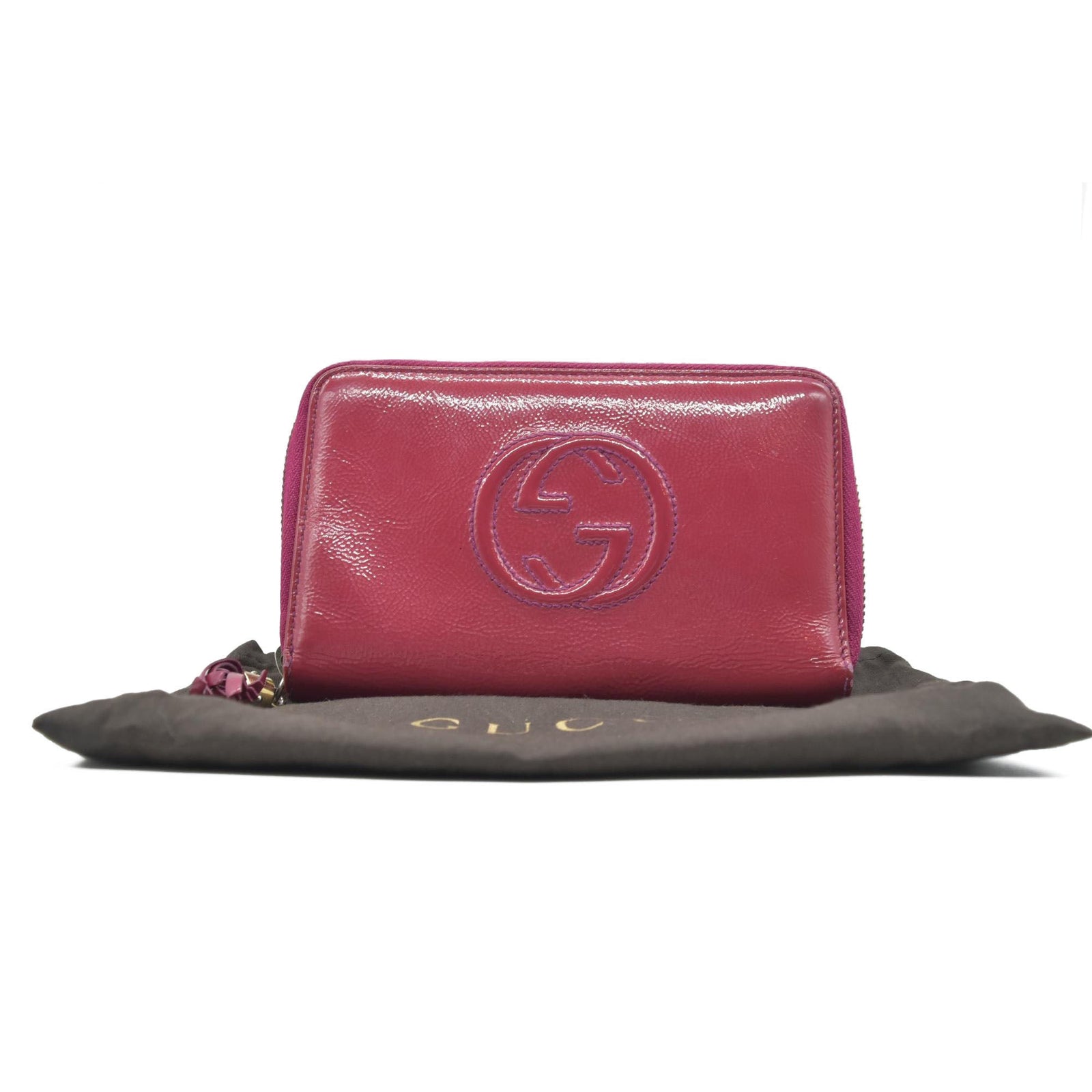 $795 Gucci Patent Soho Zip Around Wallet Bright Bougainvillea CONSIGNMENT