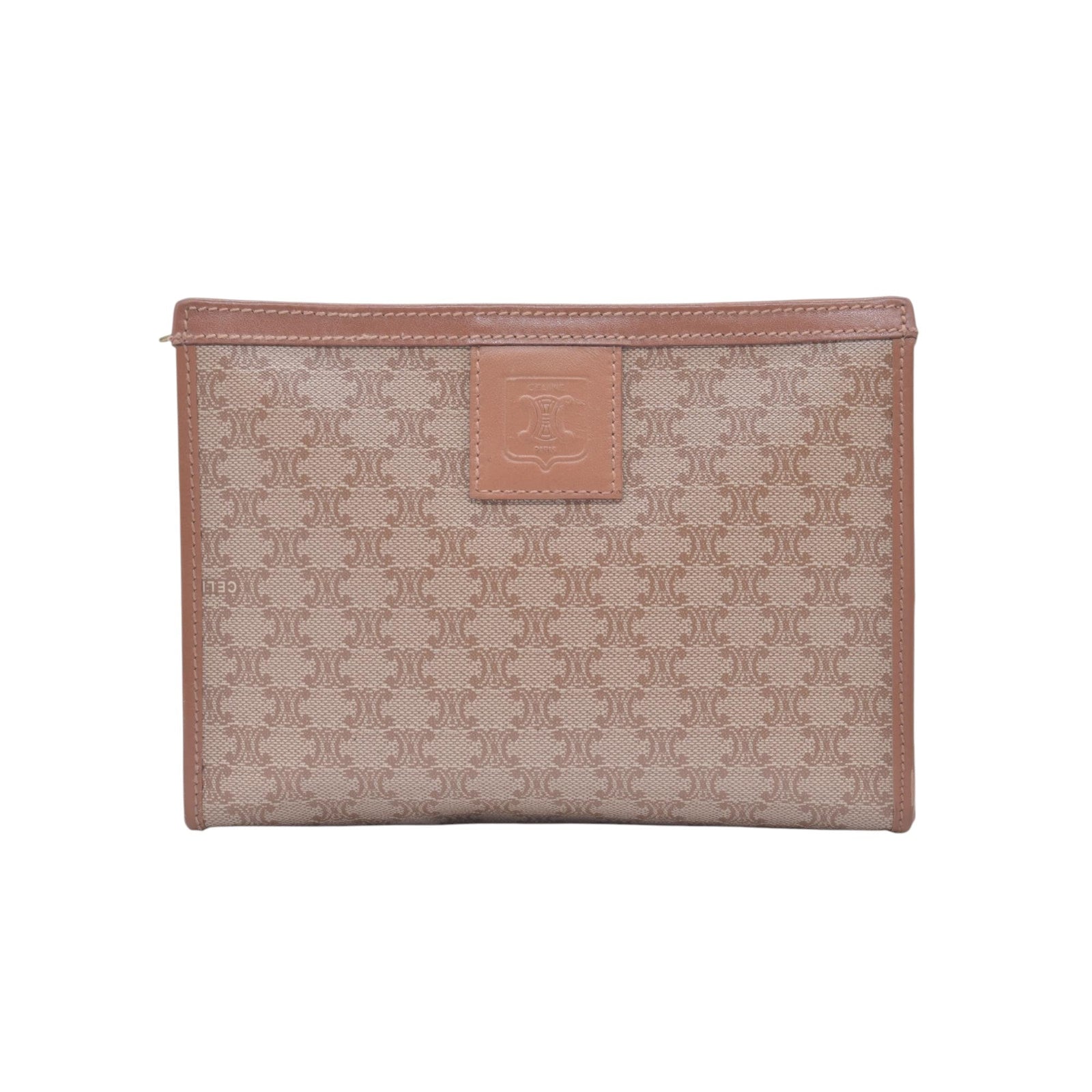 $550 CELINE Vintage Macadam Canvas Leather Trim Clutch Pouch Beige CONSIGNMENT 10021236