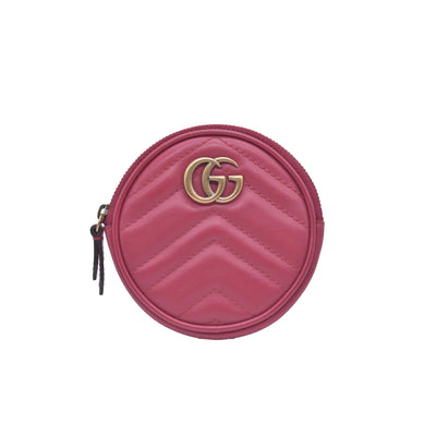 $1450 Gucci Glazed Calfskin Matelasse Heart Mini GG Marmont Round Pouch Romantic Cerise CONSIGNMENT