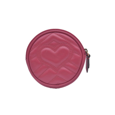 $1450 Gucci Glazed Calfskin Matelasse Heart Mini GG Marmont Round Pouch Romantic Cerise CONSIGNMENT