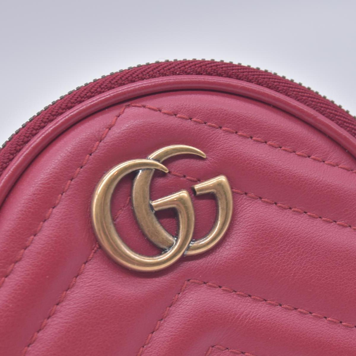 $1450 Gucci Glazed Calfskin Matelasse Heart Mini GG Marmont Round Pouch Romantic Cerise CONSIGNMENT
