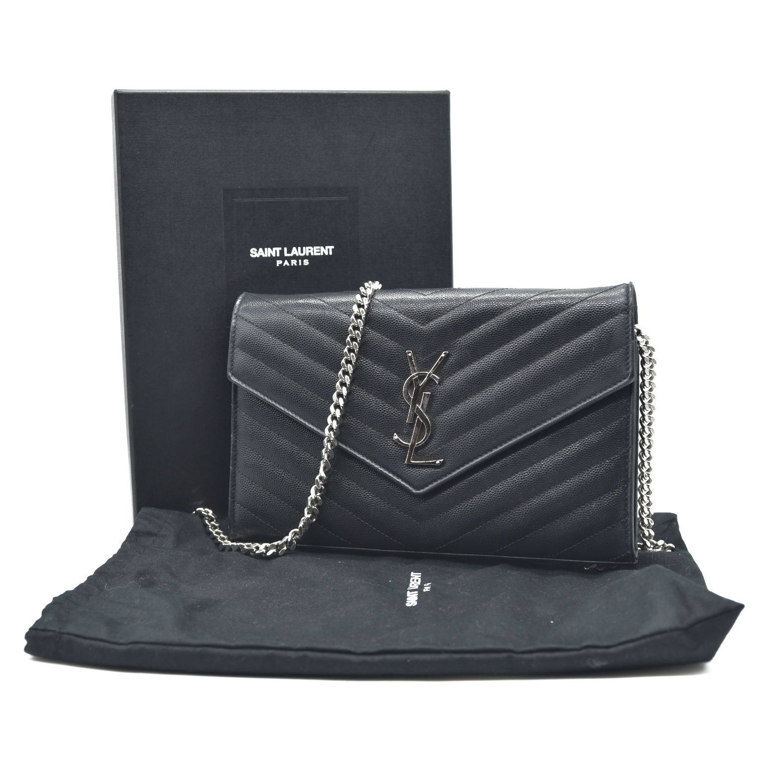 $1600 Saint Laurent Grain De Poudre Matelasse Chevron Monogram Envelope Chain Wallet Black CONSIGNMENT