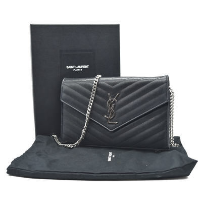 $1600 Saint Laurent Grain De Poudre Matelasse Chevron Monogram Envelope Chain Wallet Black CONSIGNMENT