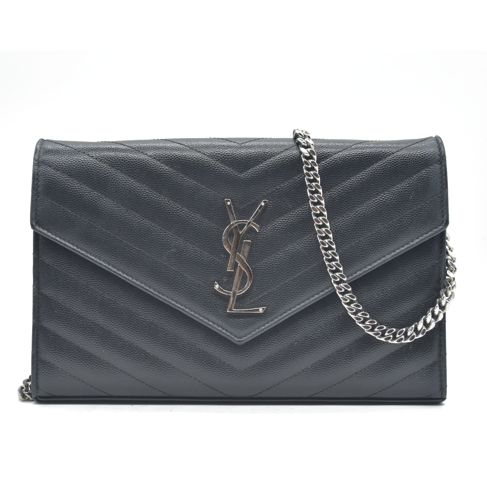 $1600 Saint Laurent Grain De Poudre Matelasse Chevron Monogram Envelope Chain Wallet Black CONSIGNMENT