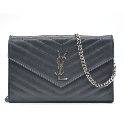 $1600 Saint Laurent Grain De Poudre Matelasse Chevron Monogram Envelope Chain Wallet Black CONSIGNMENT