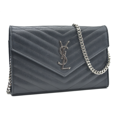 $1600 Saint Laurent Grain De Poudre Matelasse Chevron Monogram Envelope Chain Wallet Black CONSIGNMENT