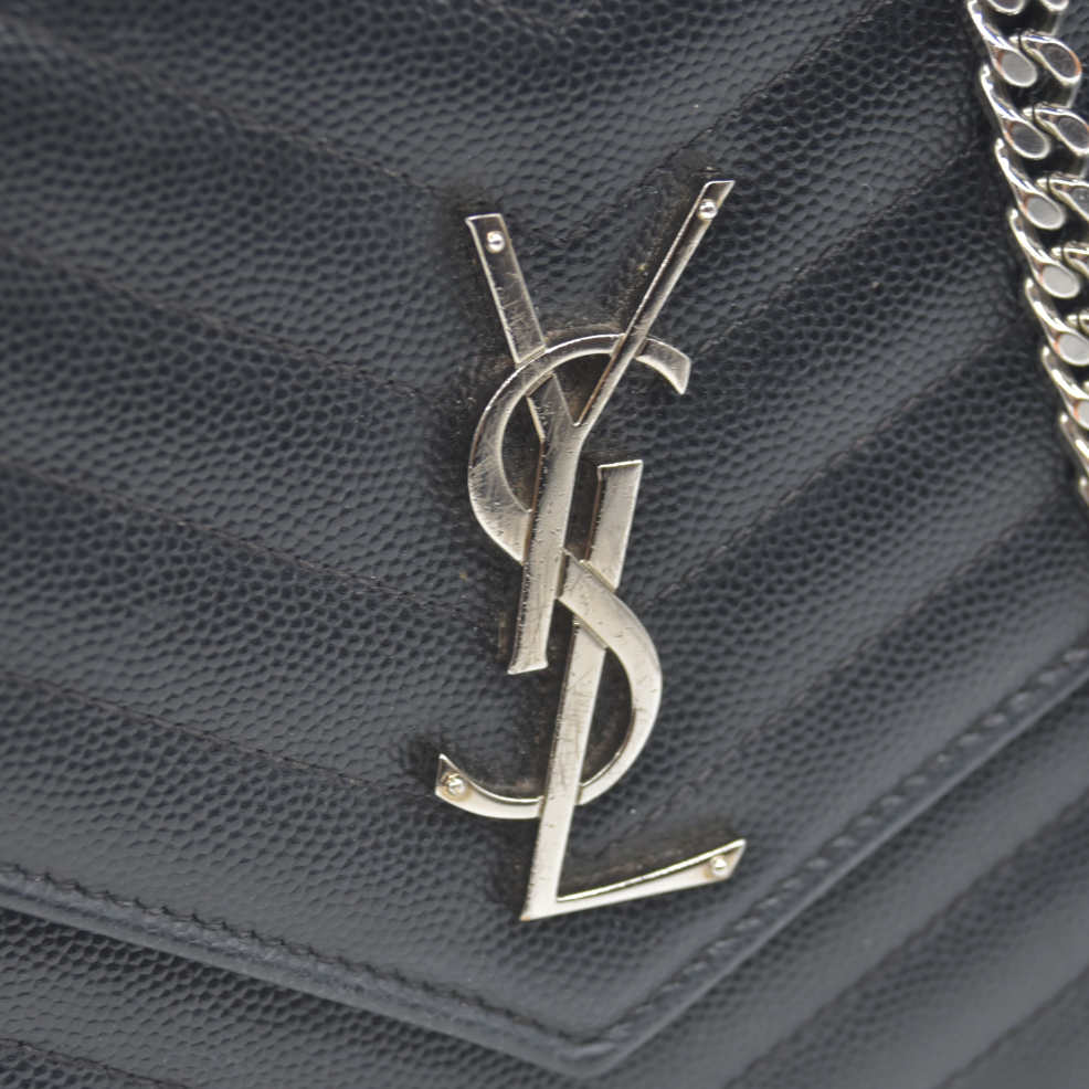 $1600 Saint Laurent Grain De Poudre Matelasse Chevron Monogram Envelope Chain Wallet Black CONSIGNMENT
