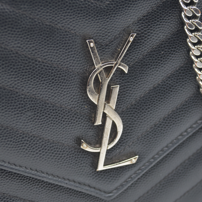 $1600 Saint Laurent Grain De Poudre Matelasse Chevron Monogram Envelope Chain Wallet Black CONSIGNMENT