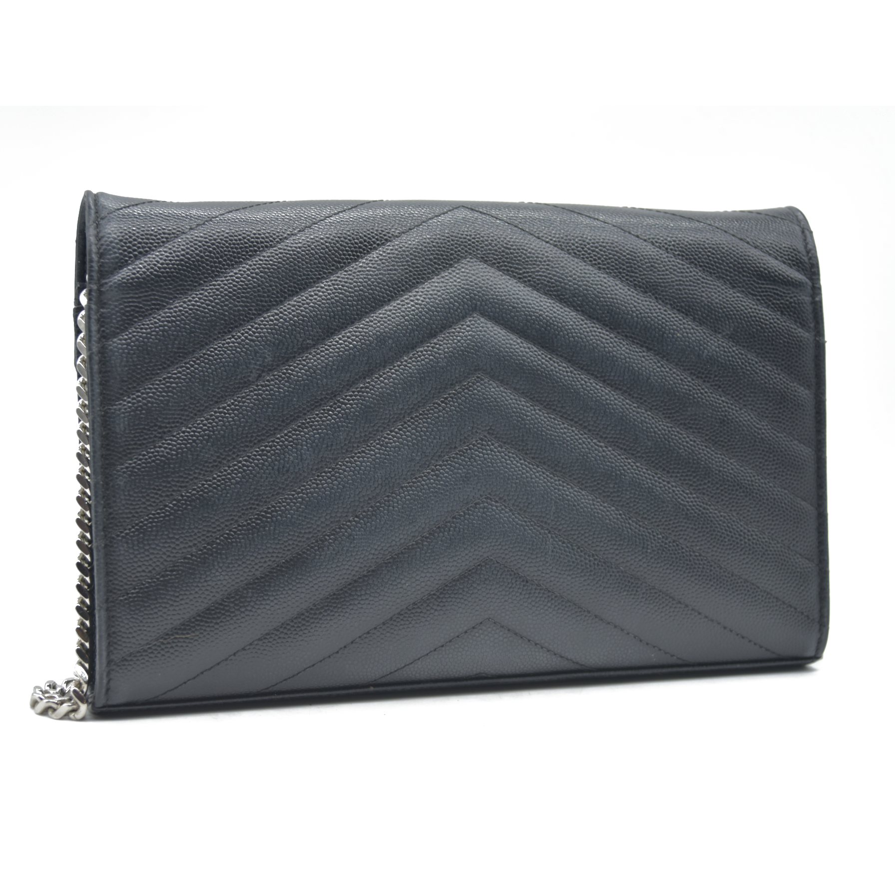 $1600 Saint Laurent Grain De Poudre Matelasse Chevron Monogram Envelope Chain Wallet Black CONSIGNMENT