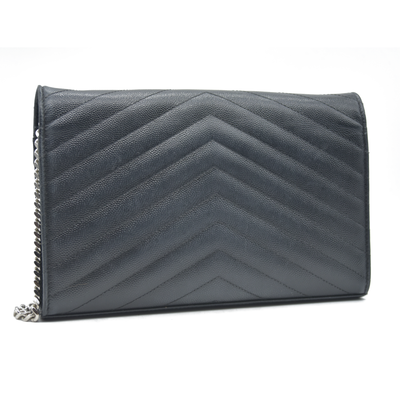 $1600 Saint Laurent Grain De Poudre Matelasse Chevron Monogram Envelope Chain Wallet Black CONSIGNMENT