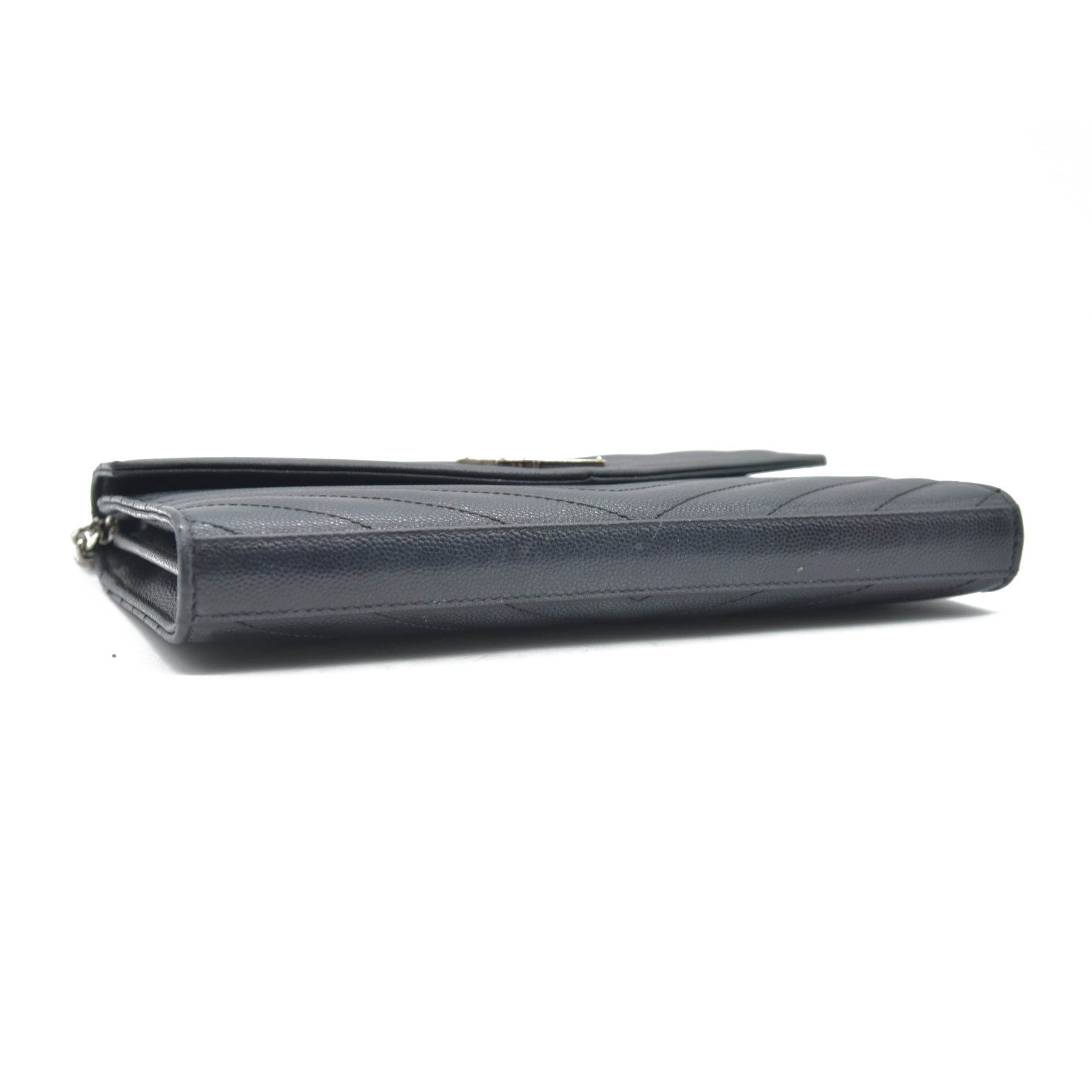$1600 Saint Laurent Grain De Poudre Matelasse Chevron Monogram Envelope Chain Wallet Black CONSIGNMENT