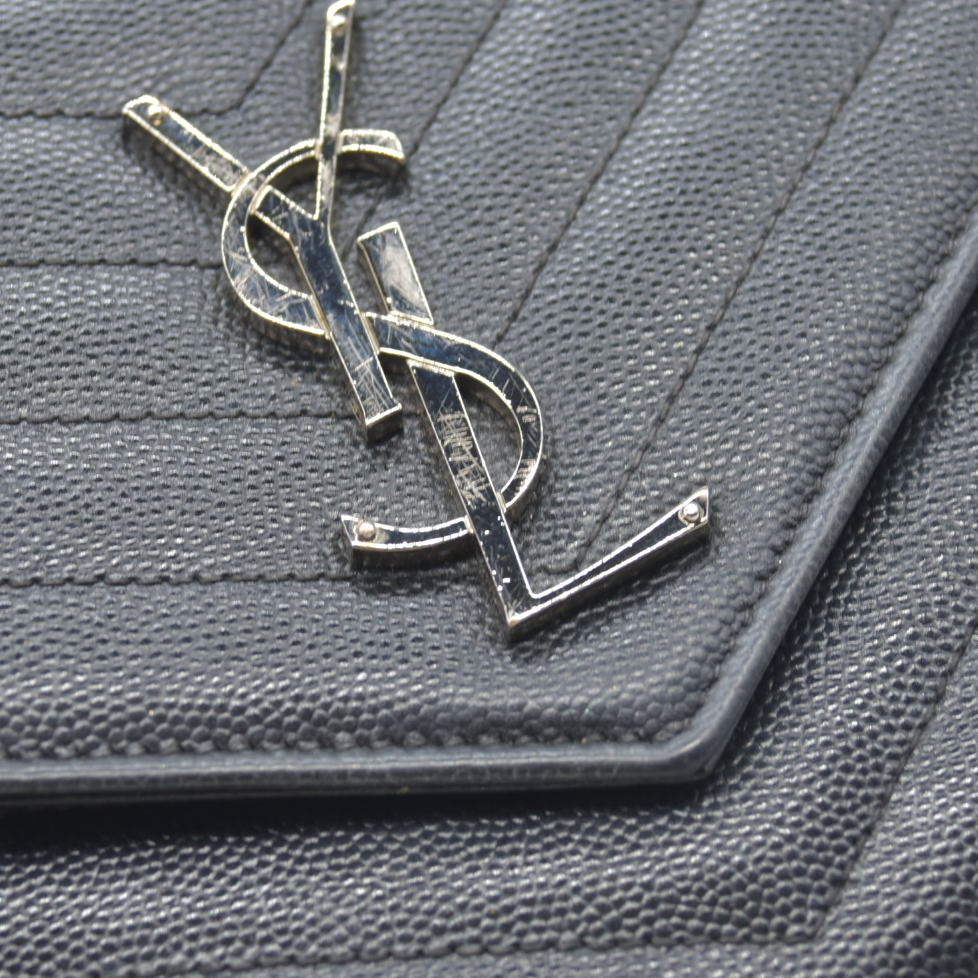 $1600 Saint Laurent Grain De Poudre Matelasse Chevron Monogram Envelope Chain Wallet Black CONSIGNMENT