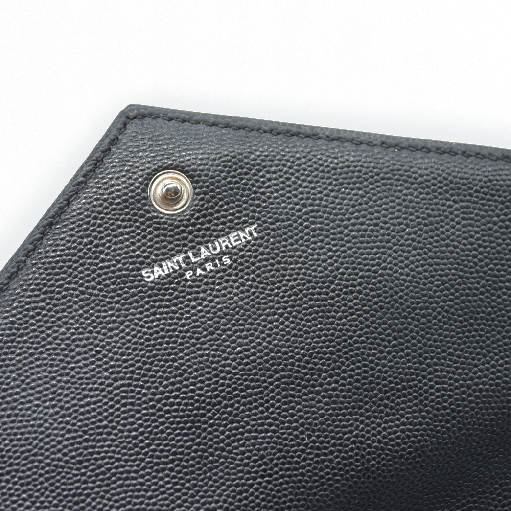 $1600 Saint Laurent Grain De Poudre Matelasse Chevron Monogram Envelope Chain Wallet Black CONSIGNMENT