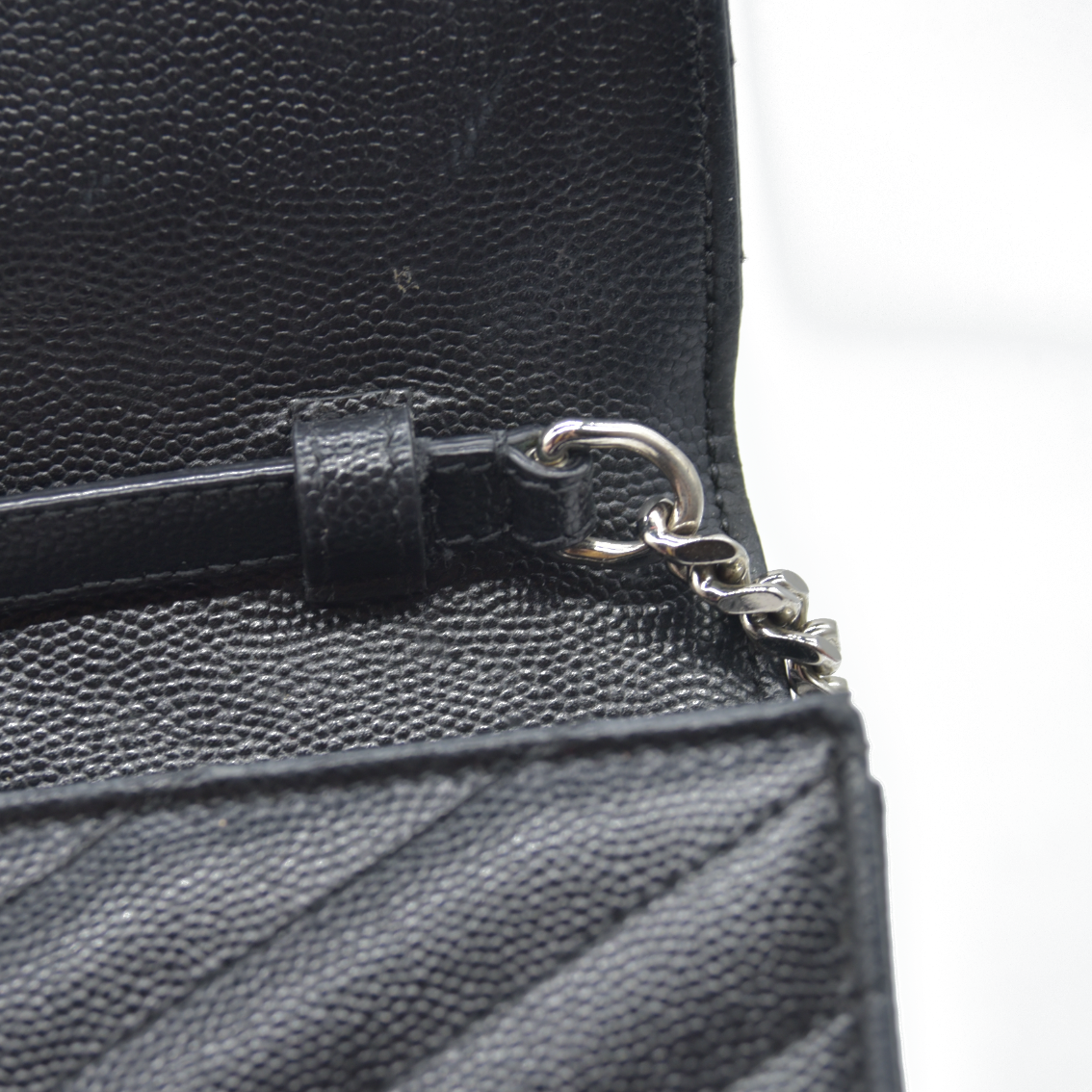 $1600 Saint Laurent Grain De Poudre Matelasse Chevron Monogram Envelope Chain Wallet Black CONSIGNMENT