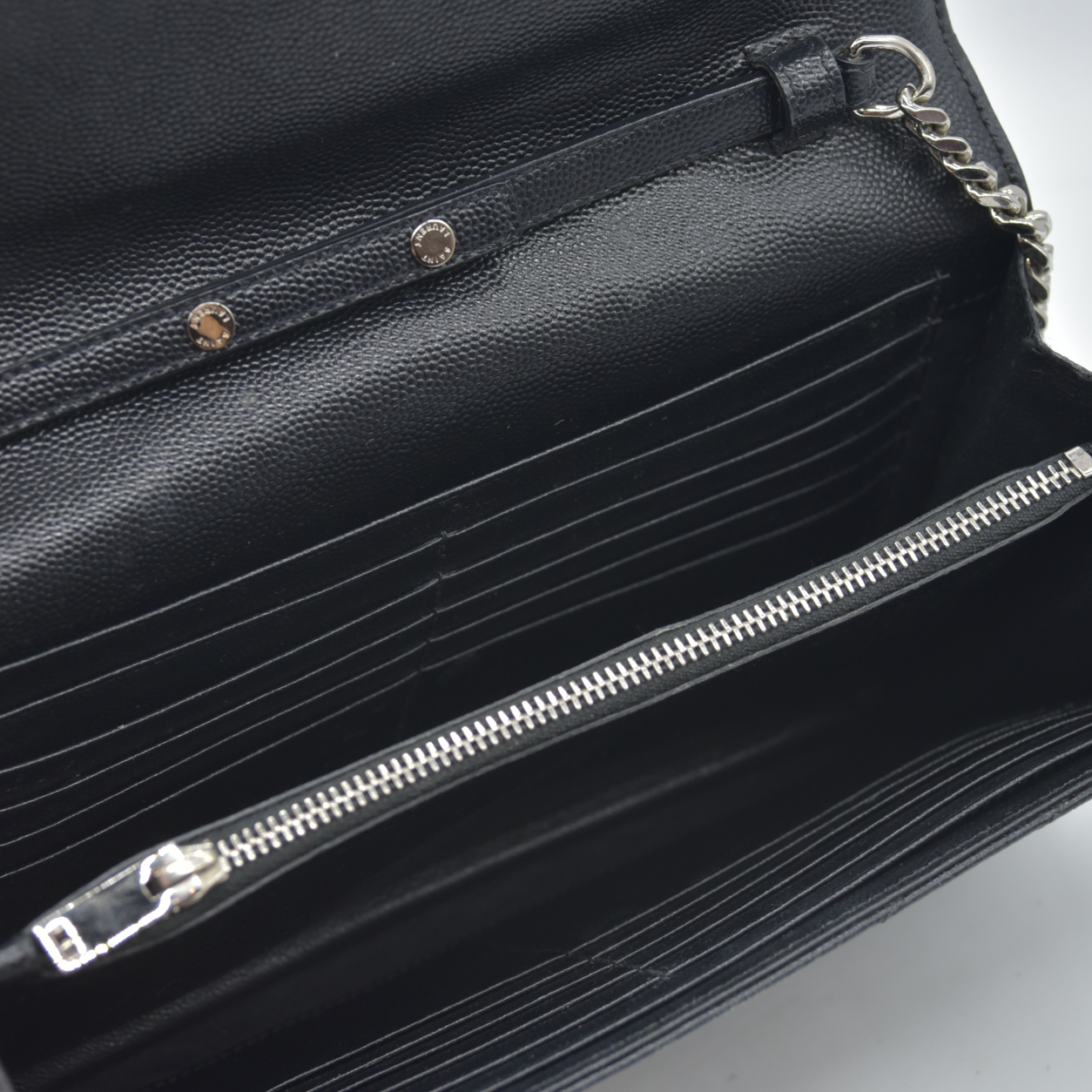 $1600 Saint Laurent Grain De Poudre Matelasse Chevron Monogram Envelope Chain Wallet Black CONSIGNMENT