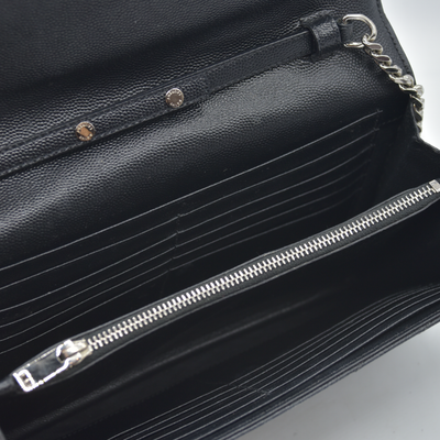 $1600 Saint Laurent Grain De Poudre Matelasse Chevron Monogram Envelope Chain Wallet Black CONSIGNMENT